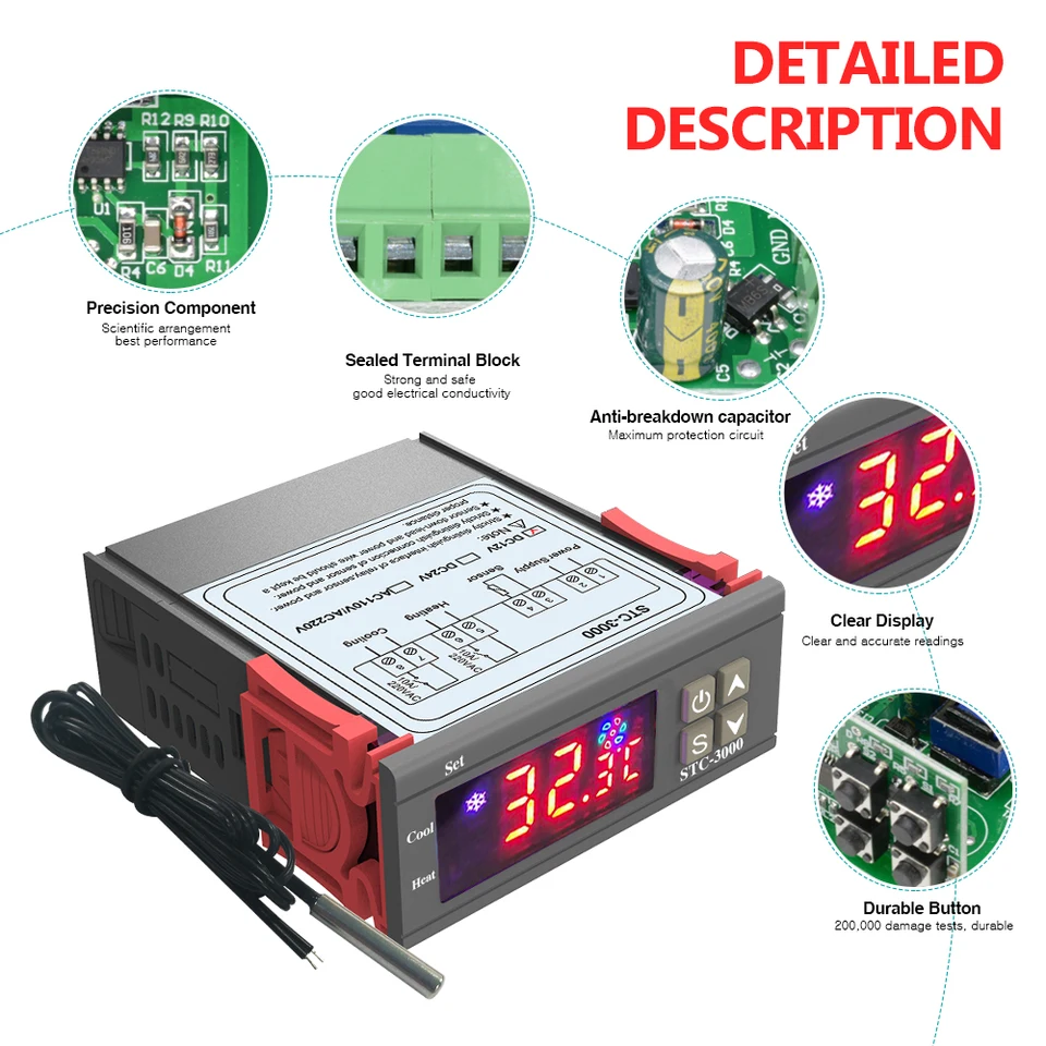 Walfront STC-3000 Digitaler Temperaturregler – Touch-Bedienung, 110–220 V, 30 A, Mit Sensor – Für Gewächshaus, Kühlung & Heizung