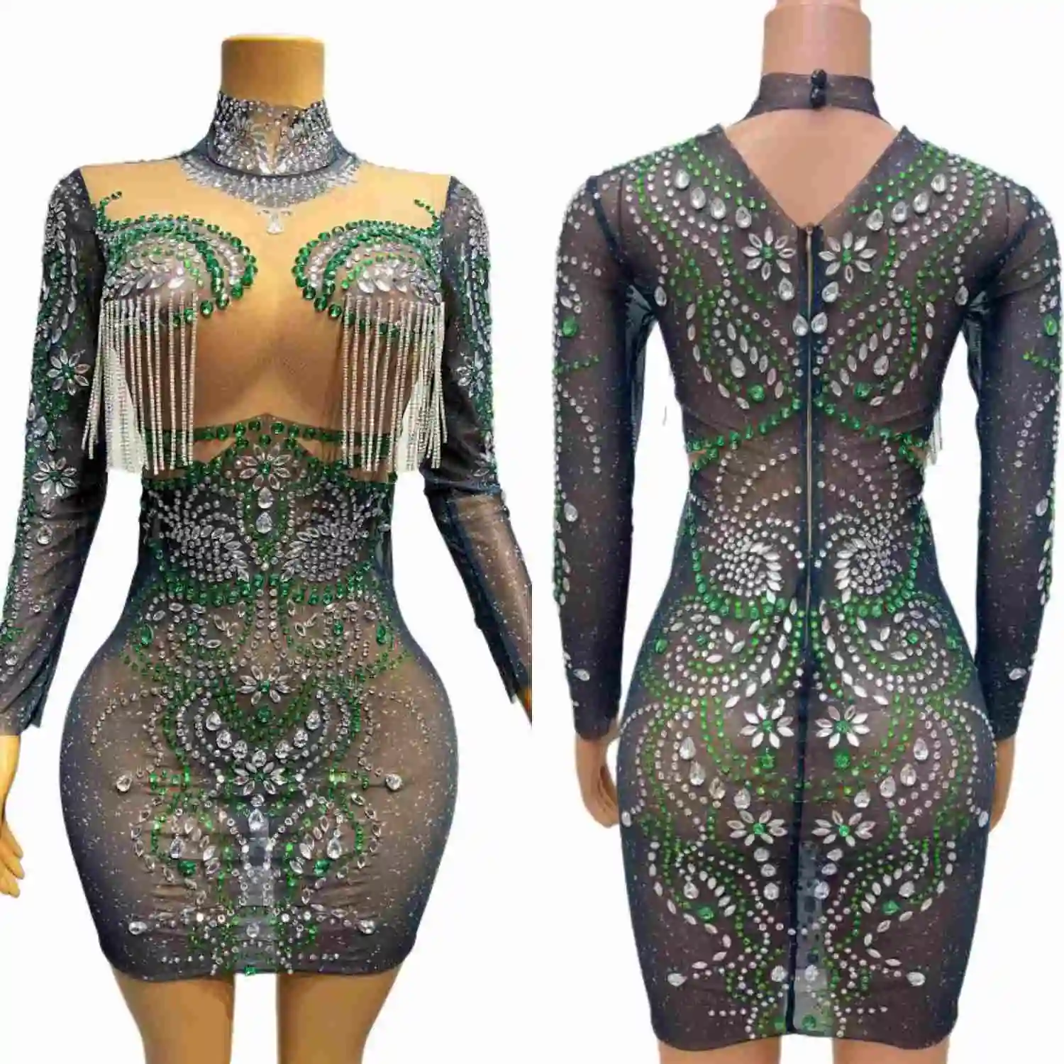 

Sexy Women Sparkly Rhinestone Tassel Short Dress Club Elastic Long Sleeved Tight Fitting Evening Dress Event Prom Outfit Feicui