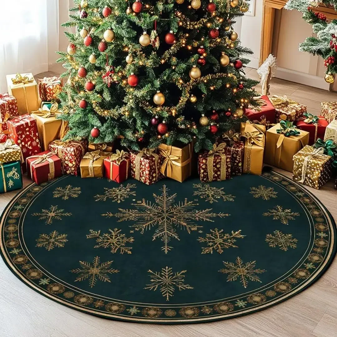 Green Snowflake Round Holiday Rug – Washable Non-Slip Circle Mat for Bedroom Kitchen Entryway Home Decor