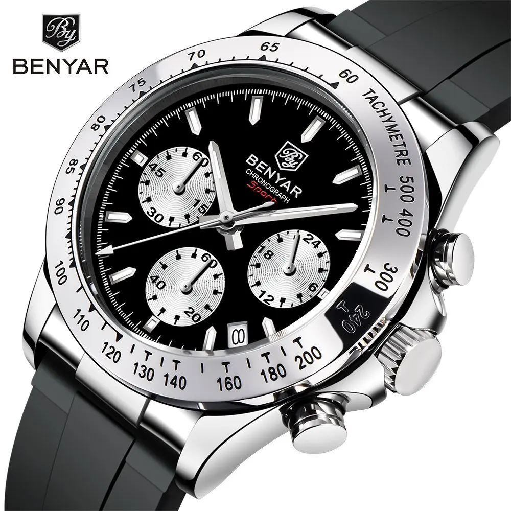BENYAR 2026 New Casual Mens Quartz Watches Steel Bezel Silicone Strap Waterproof Multifunctional Luminous Wristwatch for Man