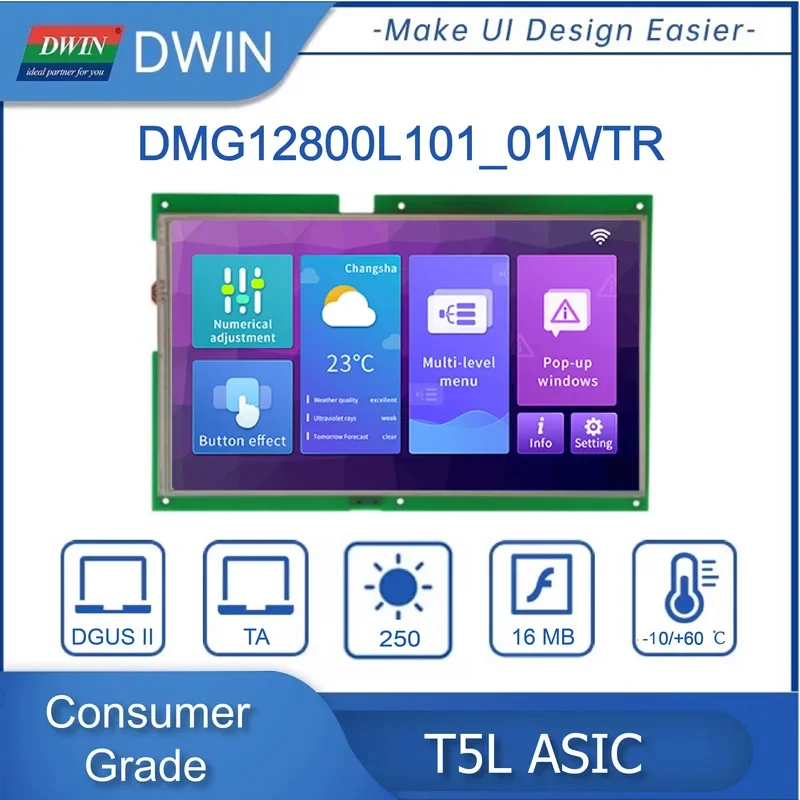DWIN 10.1 بوصة 1280x800 TFT LCD HMI وحدة عرض IPS بالسعة/مقاوم TTL/RS232 شاشة تعمل باللمس DMG12800L101_01W