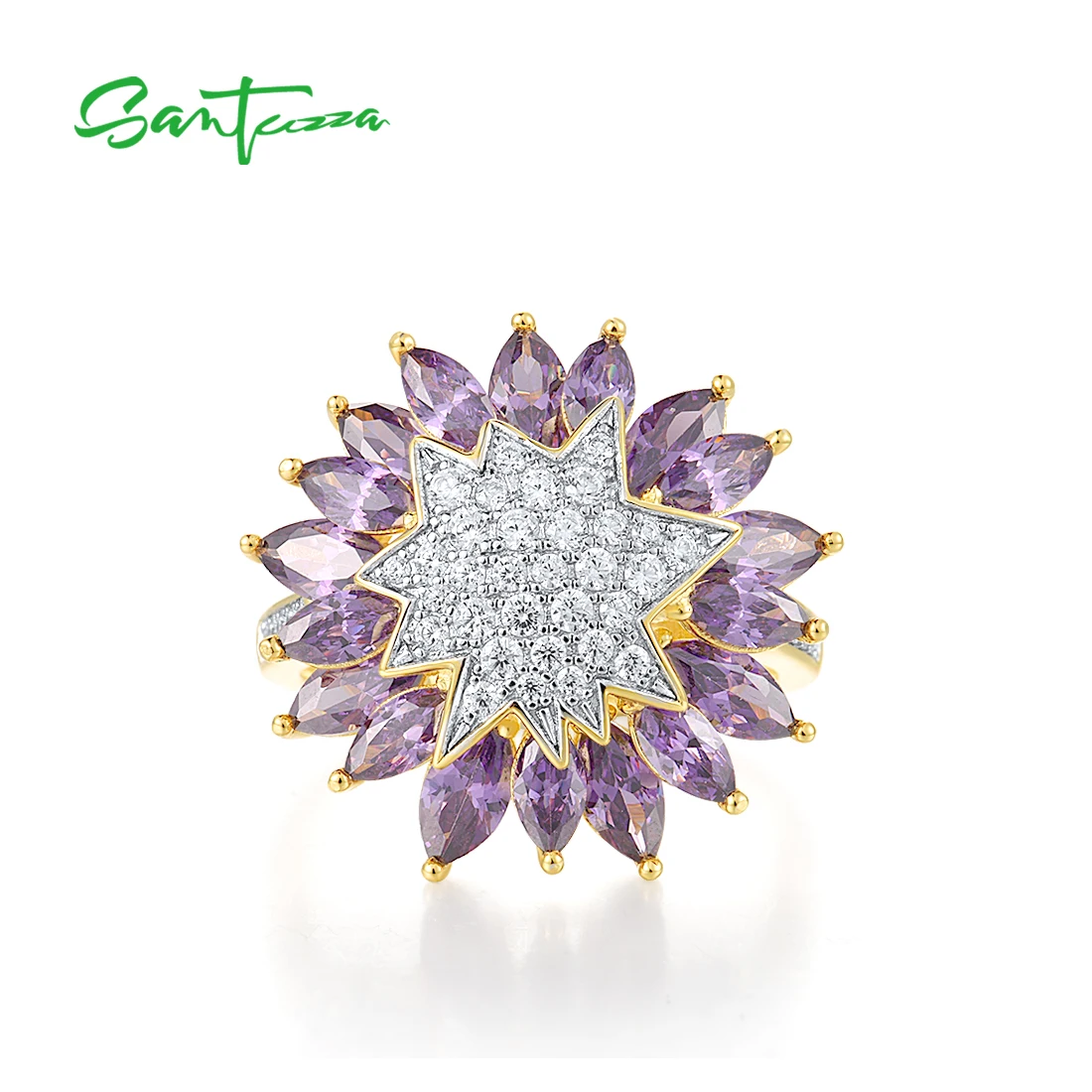 SANTUZZA Pure 925 Sterling Silver Ring For Women Purple Sunflower White Cubic Zirconia Elegant Party Gift Fine Jewelry