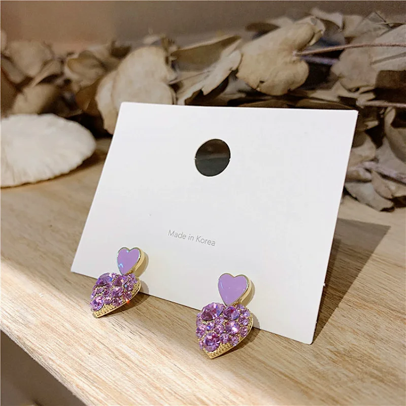 Cute Sweet Love Heart Drop Earrings for Women Purple Crystal Rhinestones Enamel Oil Dangle Earrings New Fashion Jewelry Gift