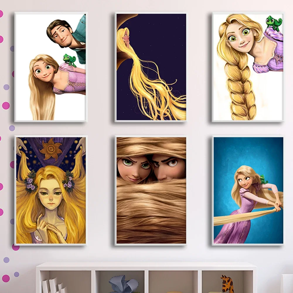 1 pieza de impresión en lienzo sin marco de la princesa Rapunzel de Disney, póster de la película Enredados, arte de pared de dibujos animados, imágenes divertidas para niños