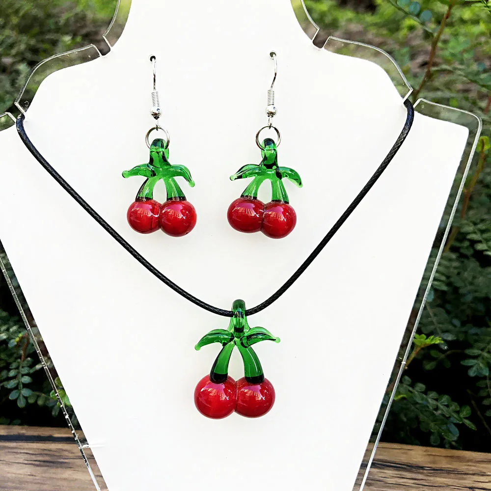 5 set Jewelry Red Cherry Fruit Lampwork Glass Muran Bead Necklace Earring For Women Fashion Cheap Items