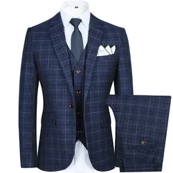 Estilo britânico Slim Fit Plaid Ternos de Casamento Set, Jacket High End, Casaco, Calças, Colete, Tamanho Grande 5XL, Casaco Noivo, Calças, 3 pcs