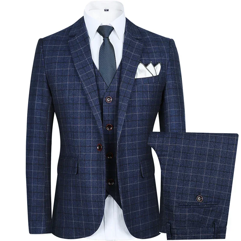 Coat Pants Vest British Style Slim Fit| Plaid Large Size 5XL Wedding Groom High End 3 Pieces Suits Set Jacket Blazers Trousers