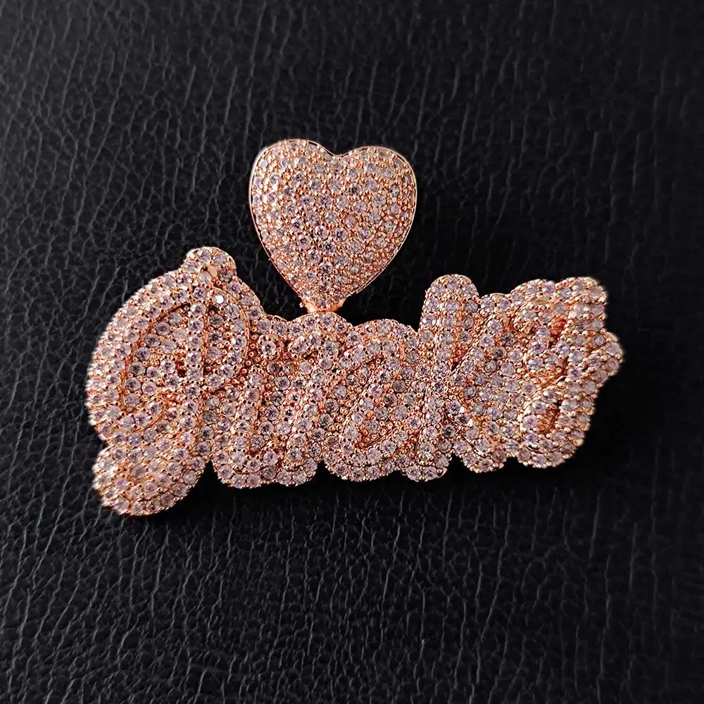 Imagem -02 - Carta Personalizada Personalizada Colar Pingente Rosa Placa de Ouro 18k Nome Cursivo Colar Gancho de Coração cz Gelado