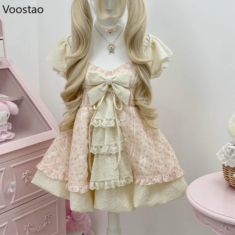 

Japanese Kawaii Lolita Style Dress Set Women Sweet Bow Lace Ruffles Short Shawl Princess Dress Suit Female Cute Party Mini Dress
