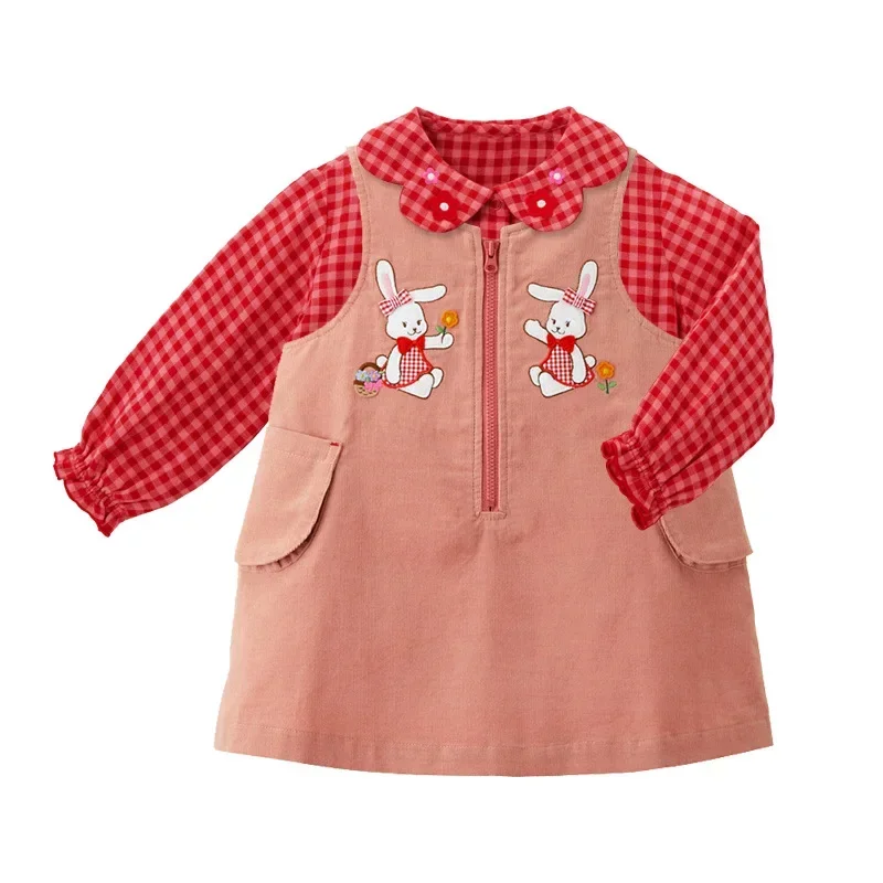 Blouse  Toddler Girl Clothes Children\'s Japanese Cartoon Flowers, Embroidered Plaid Lace collar, Long Sleeve Shirt Underneath