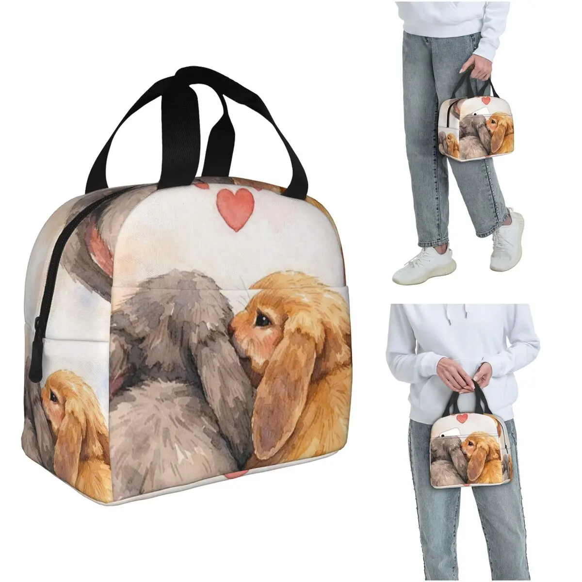 Cute Cartoon Two Little White Rabbits Insulated Lunch Bag for Women Kids Leakproof Food Boxes Thermal Lunch Box Tote