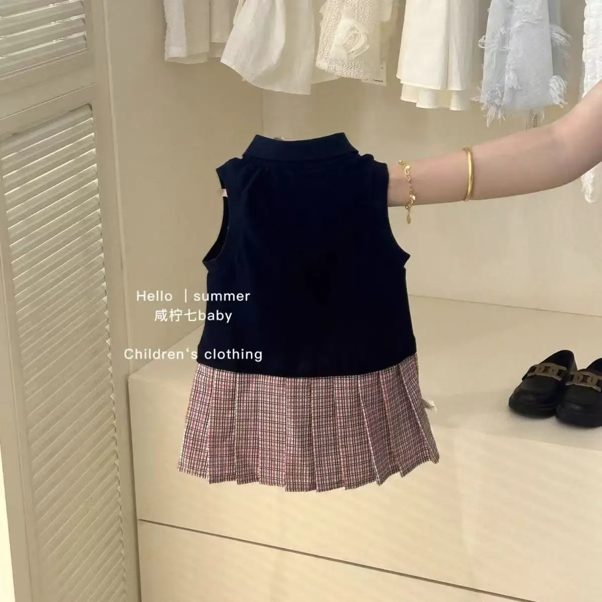 

2026 Summer New Girls Korean Style Preppy Plaid Patchwork Sleeveless Vest Dress For Toddler Kids for 90-140cm