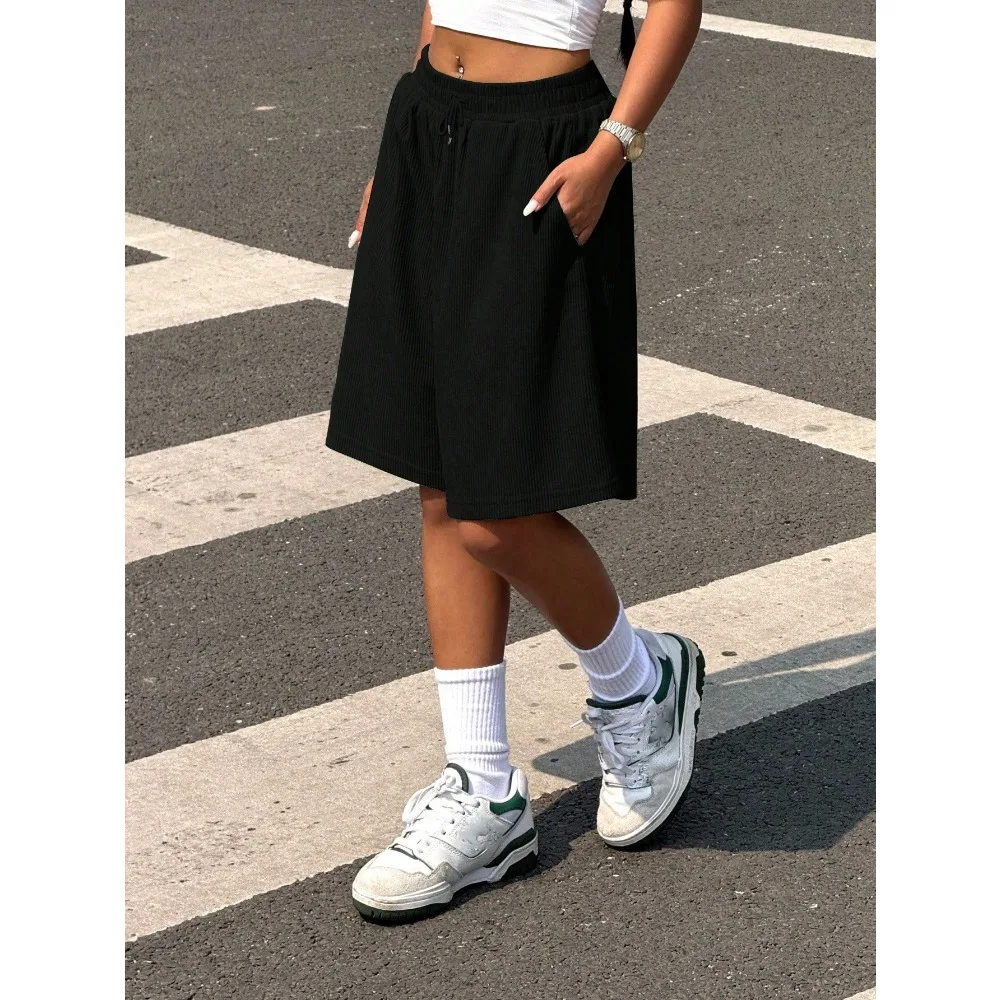 شورت نسائي رياضي كاجوال برباط وخصر واسع الساق من القطن الخالص شورت عصري للياقة البدنية شورت نسائي