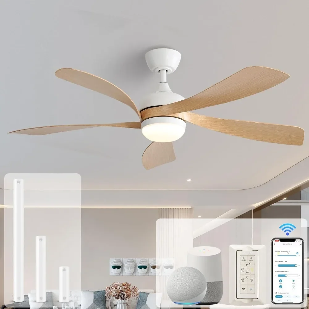 Ceiling Fans with Lights, Voice &  App & Remote Control, 3-Color Light 6-Speed Timing, Reversible DC Motor, 52