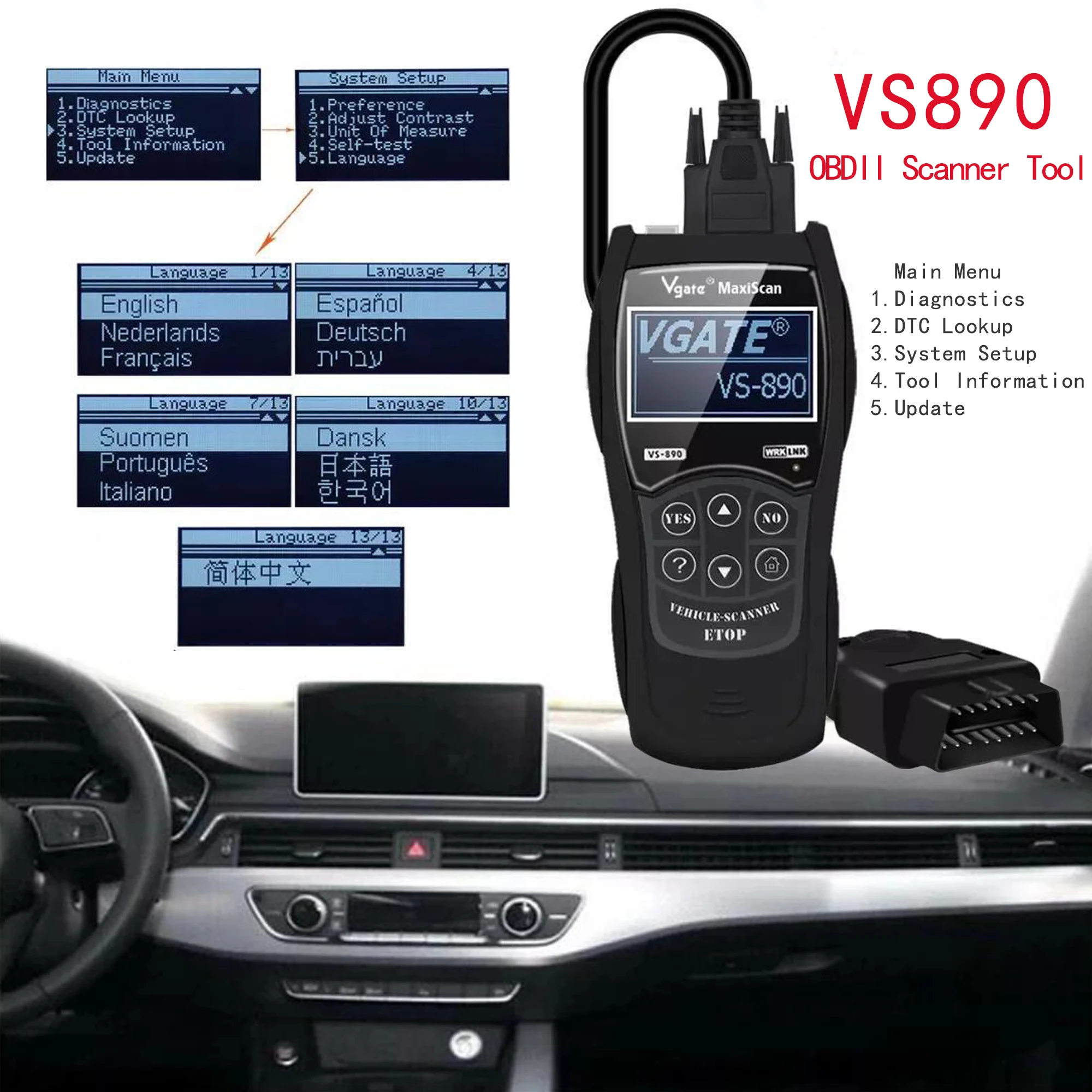 VGATE VS890 OBD2 Scanner MaxiScan VS 890 OBDII Auto Diagnostic Scan Tool DTC Look-Up Multi-Language Reset Engine Car Code Reader