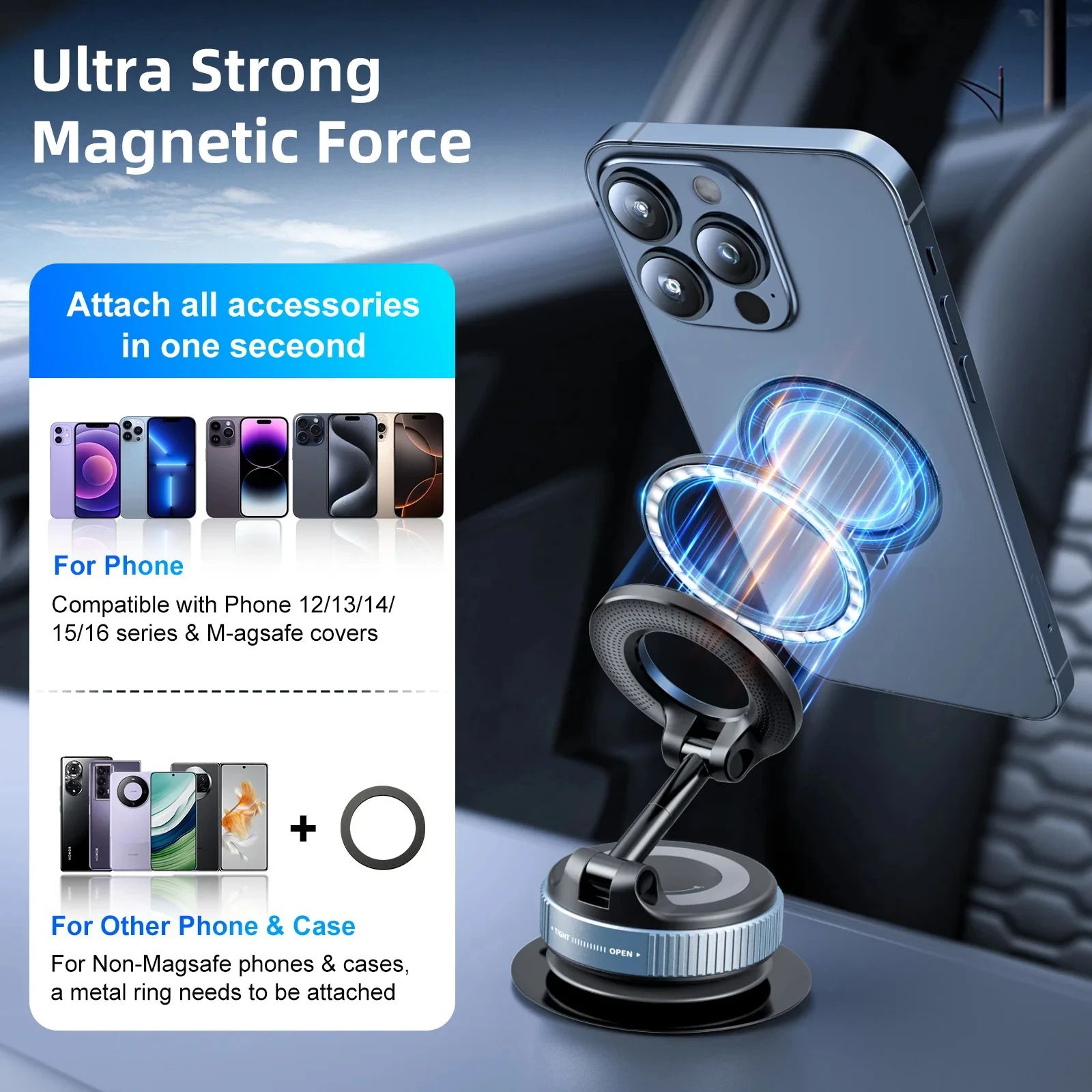 K007 For iphone 14 15 16 Strong Magnetic Car Phone Holder Foldable Design 360° Adjustable Vacuum Mount for Car/Desk/Bathroom Use