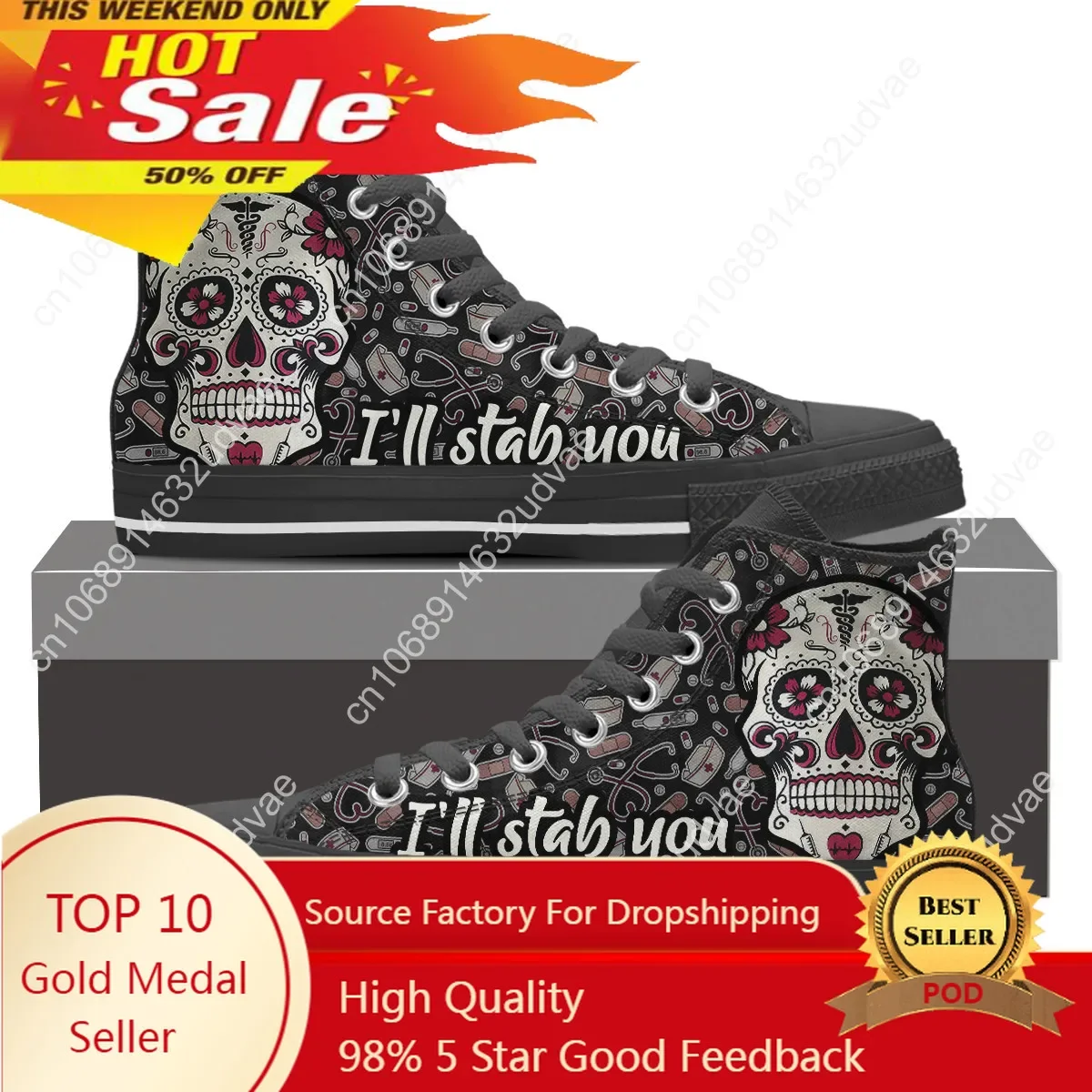 I Will Stab You Nurse Skull EMT Print Black Canvas Shoes Large Size For Men Male Casual Gothic Style Walking Sneaker