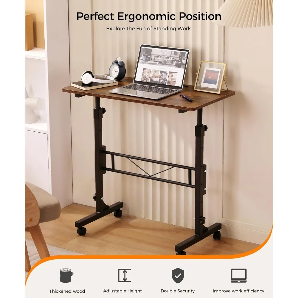 Adjustable Height Standing Desk with Wheels, Portable Mobile Laptop Table for Home Office, Sit Stand Ergonomic Workstation