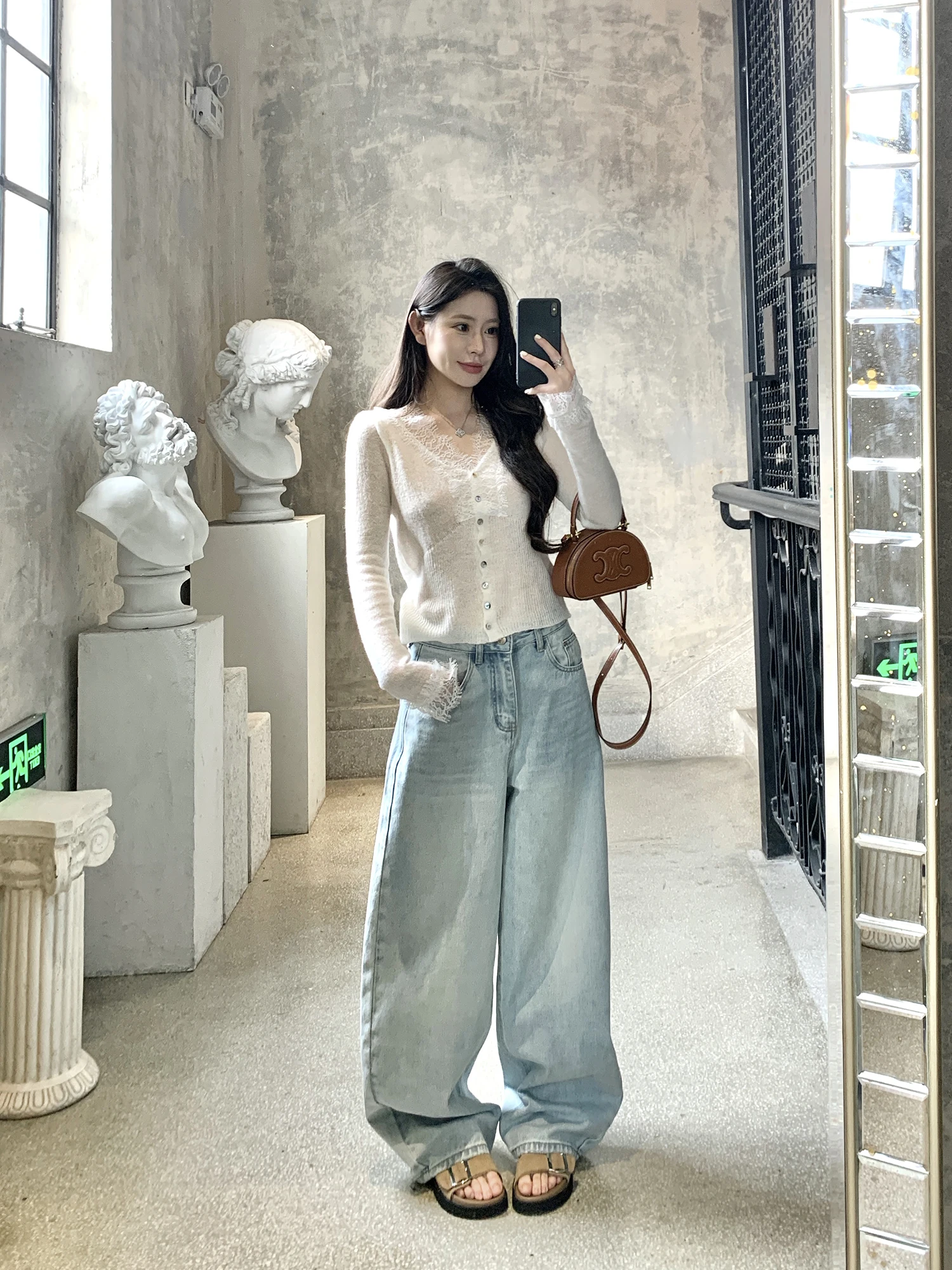 

Withmxboom Grey Lace Splicing V-neck Cashmere Knitted Top Women's Slim Fit Spring Base Layer Open Cardigan Long Sleeve