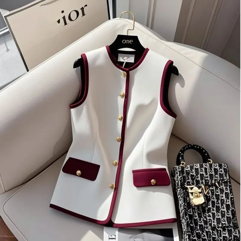 

Coffee Vertical Folds Small-waist Jackets Vest Shawl Collar Elegant Waistcoats Elegant Office Lady Formal Clothes Summer Spring
