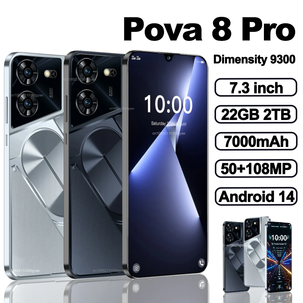 Smartphone Pova 8 Pro, Version Globale, Dimrespond9300, 22 Go + 2 To, 6800mAh, 50 + 108MP, 4G/5G, Téléphone Portable Android 14, Original