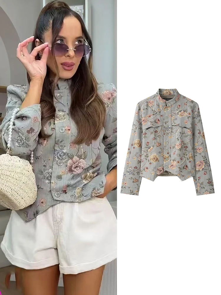 Women Vintage Sequin Jacket Light Luxury Floral Print Slim Jacket New Chic Style Stand Collar Fashion Lady Long-sleeve Jacket