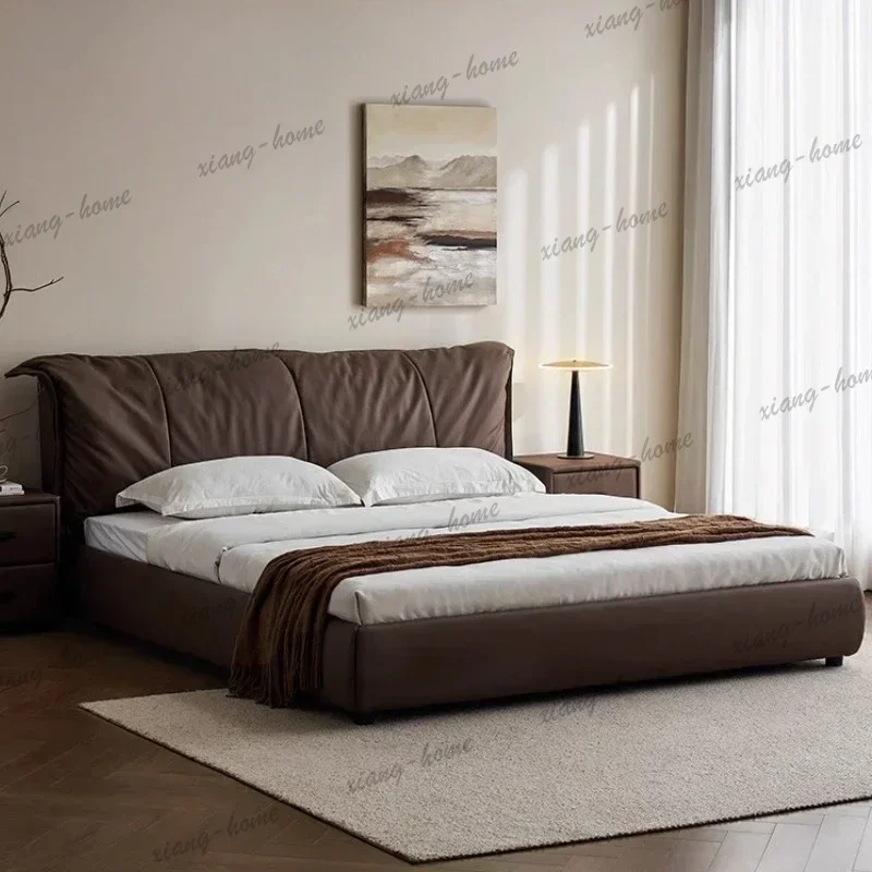 FG 180x200cm Beds Light Luxury First Layer Cowhide Leather Soft Bag Double Bed Queen Bed Frames Marriage Bedroom Furniture 2 Peo