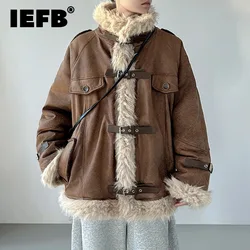 IEFB American Style Men's Faux Fur Jackes Fleece Stand Collar Single Breasted Contrast Color Thickened Loose Male Coats 9C8344