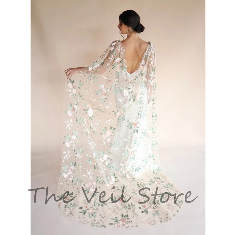 Floral Bridal Cape Shoulder Veils Ivory W hite Cathedral LongWild Flowers Wedding Draped Veil for Brides Colorful Secret Garden