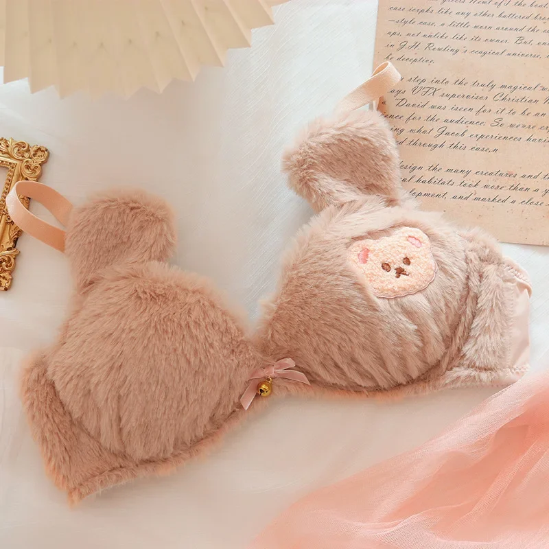 Ropa interior de felpa japonesa para niña, lindo Oso de felpa, sujetador Lolita inalámbrico, sujetador cálido de invierno, conjunto de lencería de realce y bragas, Bralette