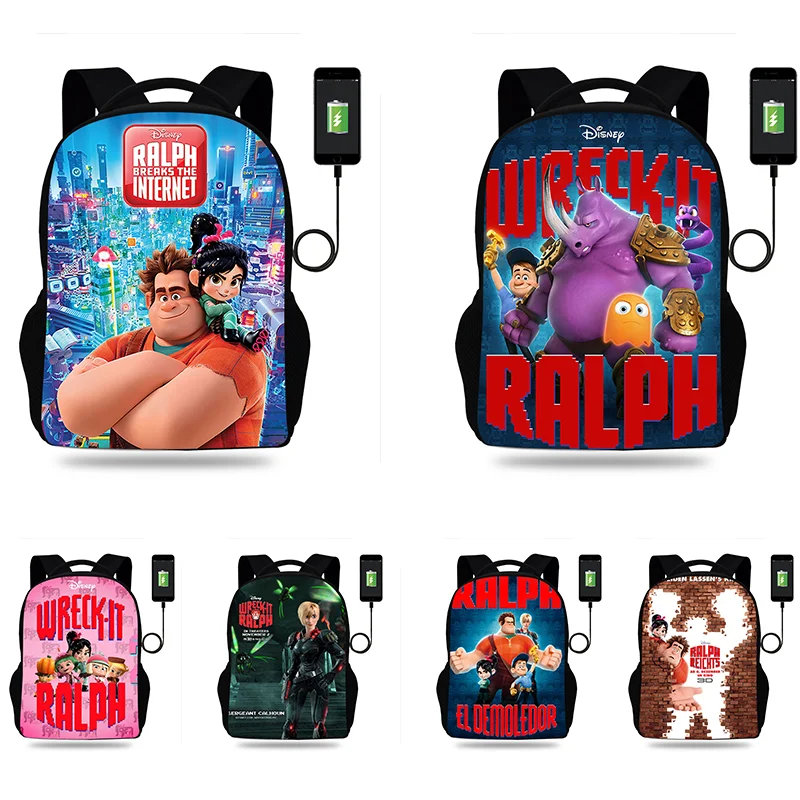 Wreck-It Ralph Cartoon Backpack Boy Girl Teenager School Bag USB Charging Daily Travel Large Capacity Backpack Mochila