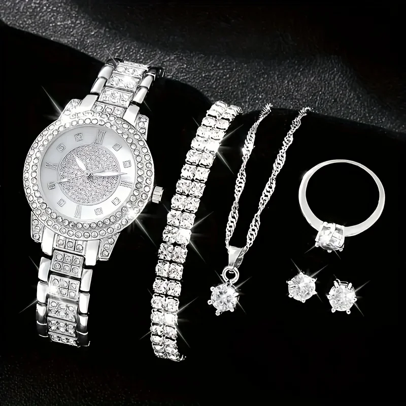 

Radiant Luxury Rhinestone Womens Quartz Watch & Jewelry Set - Premium Rome Numerals, Analog Display, 6-Piece Collection