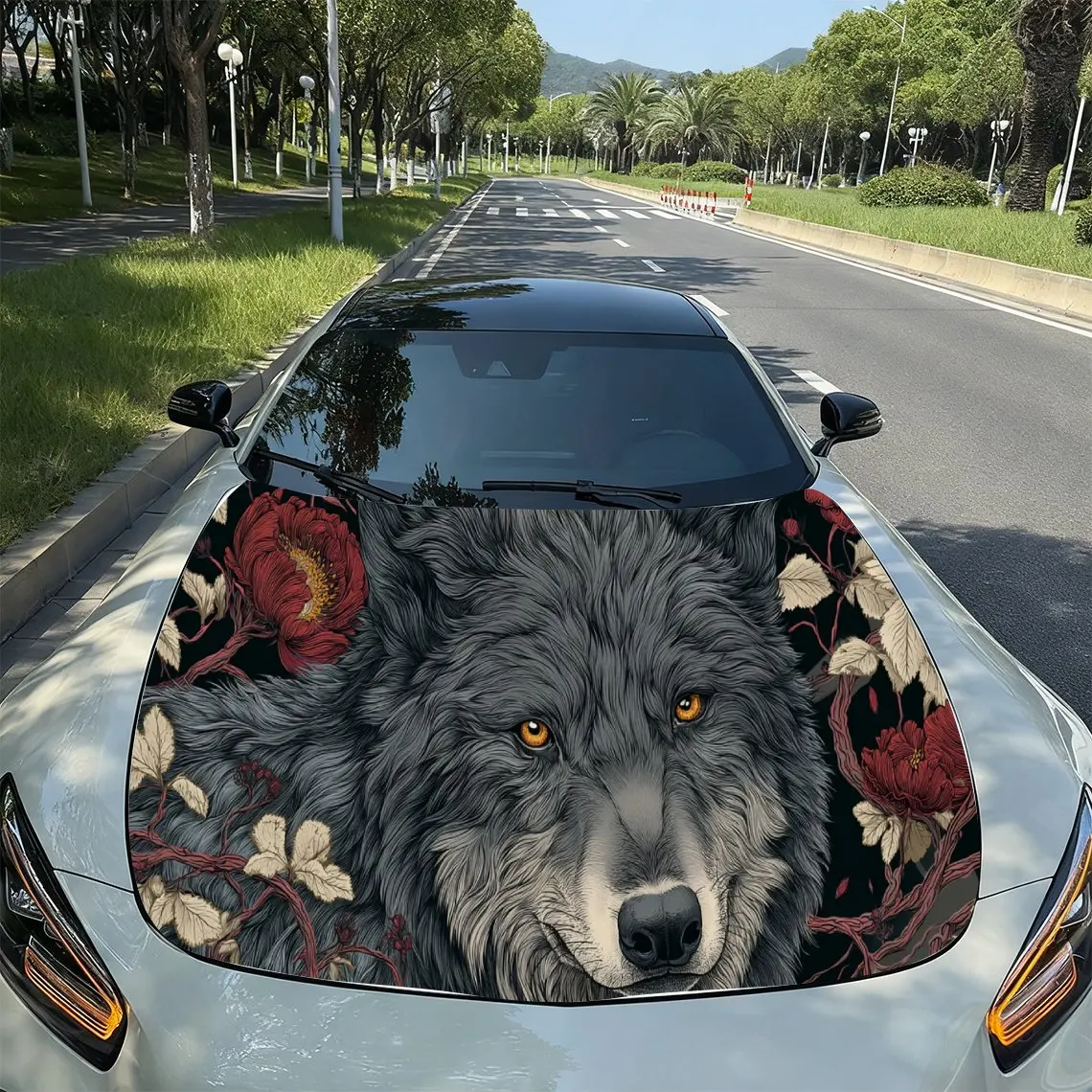 

Red Rose Wolf Wild Aesthetic PVC Car Hood Wraps, Self-Adhesive Waterproof Car Bonnet Decal Sticker, Car Decoration Protection St