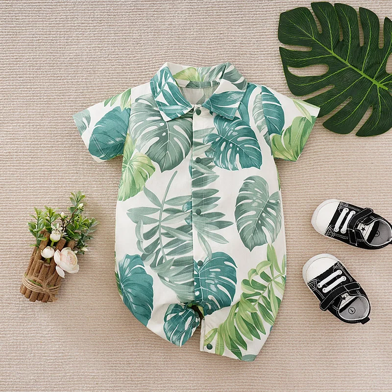 Summer 0-18 months Newborn Baby Short Sleeve Cartoon Clothing Baby Boy Leaves Printed Clothes Newborn Lovely Comfortable Outdoor