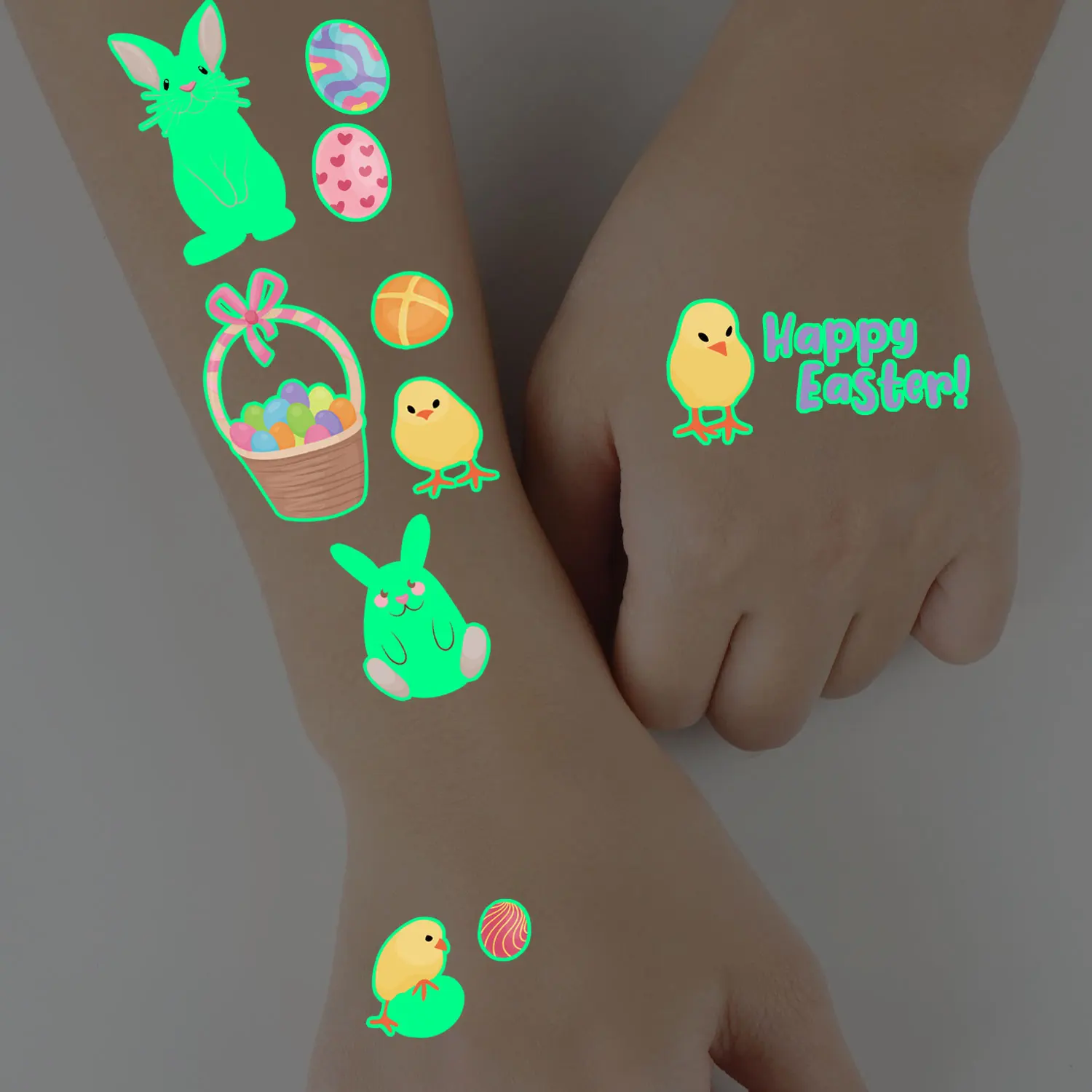 

10 листов, 168 шт. временных татуировок, светящихся в темноте, на тему Пасхи, с мультяшными кроликами, яйцами и праздничными дизайнами, водостойкие, держатся 2-5 дней.