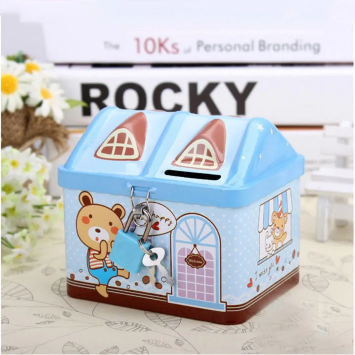 ใหม่โลหะ House Shape Piggy Bank เหรียญปลอดภัยกล่องเด็ก Piggy Banks กุญแจล็อคกล่องเงิน Kawaii Creative ของขวัญเด็ก