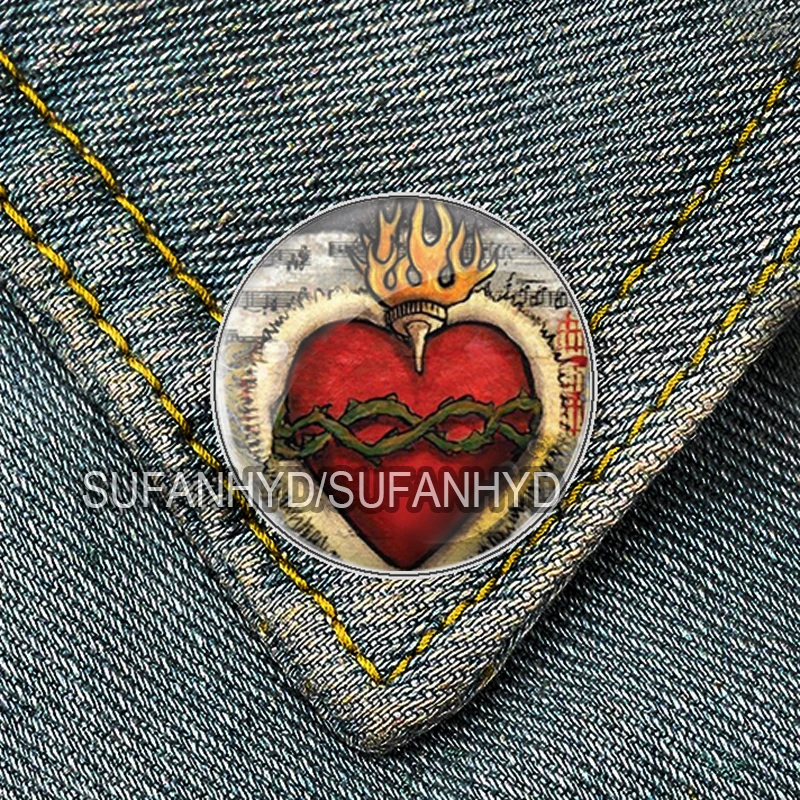 Stainless Steel Sacred Heart of Jesus Brooch for Women Catholic Man Badge Pins