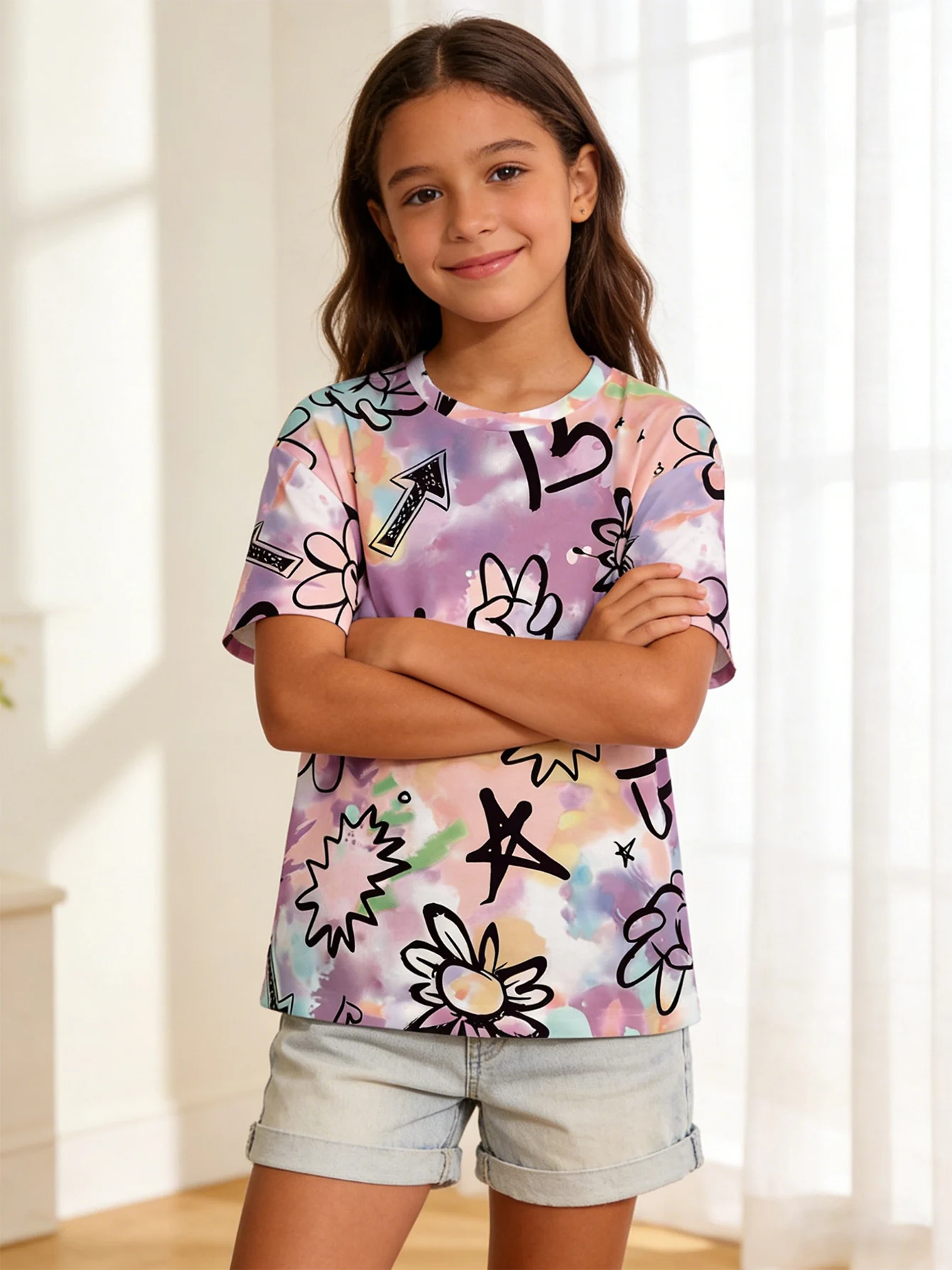 2026 Girls pink and purple colorful tie-dye graffiti style full print short-sleeved T-shirt, casual top