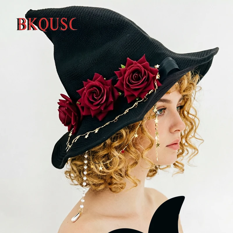 BKQUSC Original Design Women's Knitted Witch Hat with Rose Star Chain Cosplay Cap Elegant Magical Hat for Halloween Party