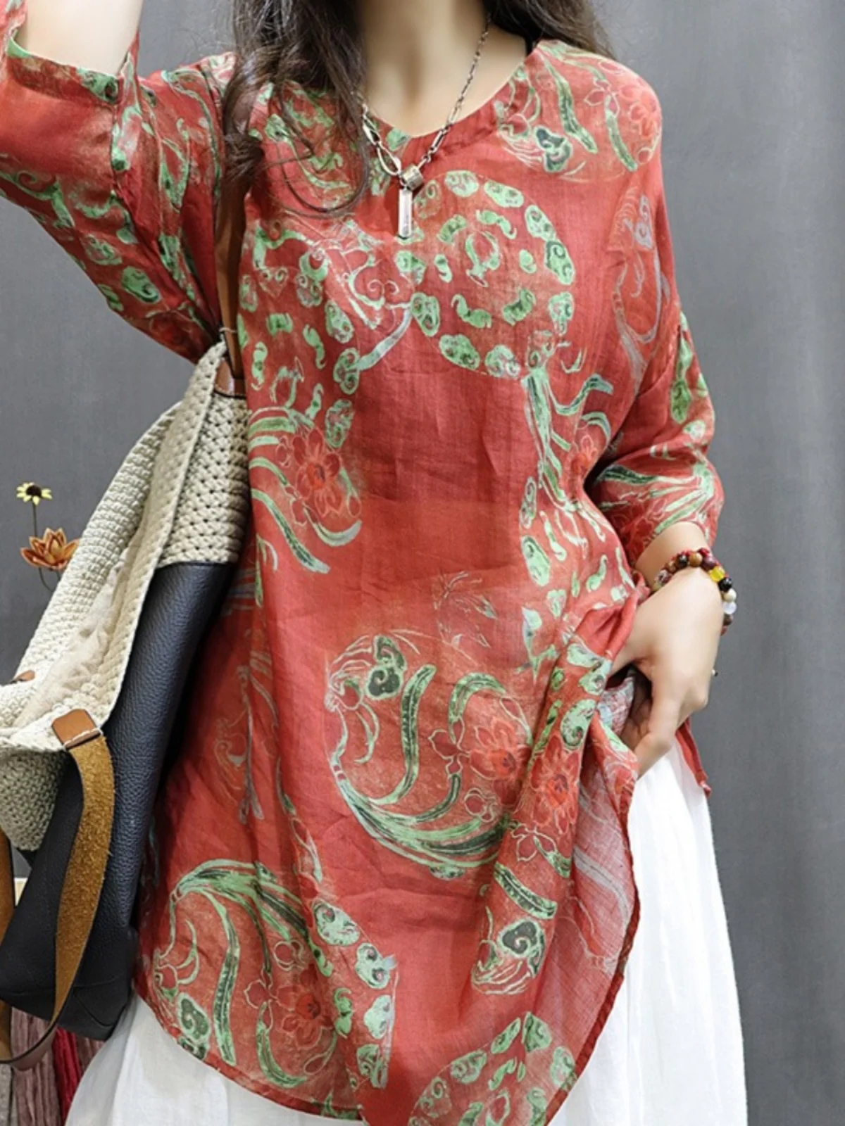 

High-End Loose Fit Linen irt Vintage Print Midi Sve V-Ne Casual Ethnic Sle Women's Top Comfortable Breathable Summer...