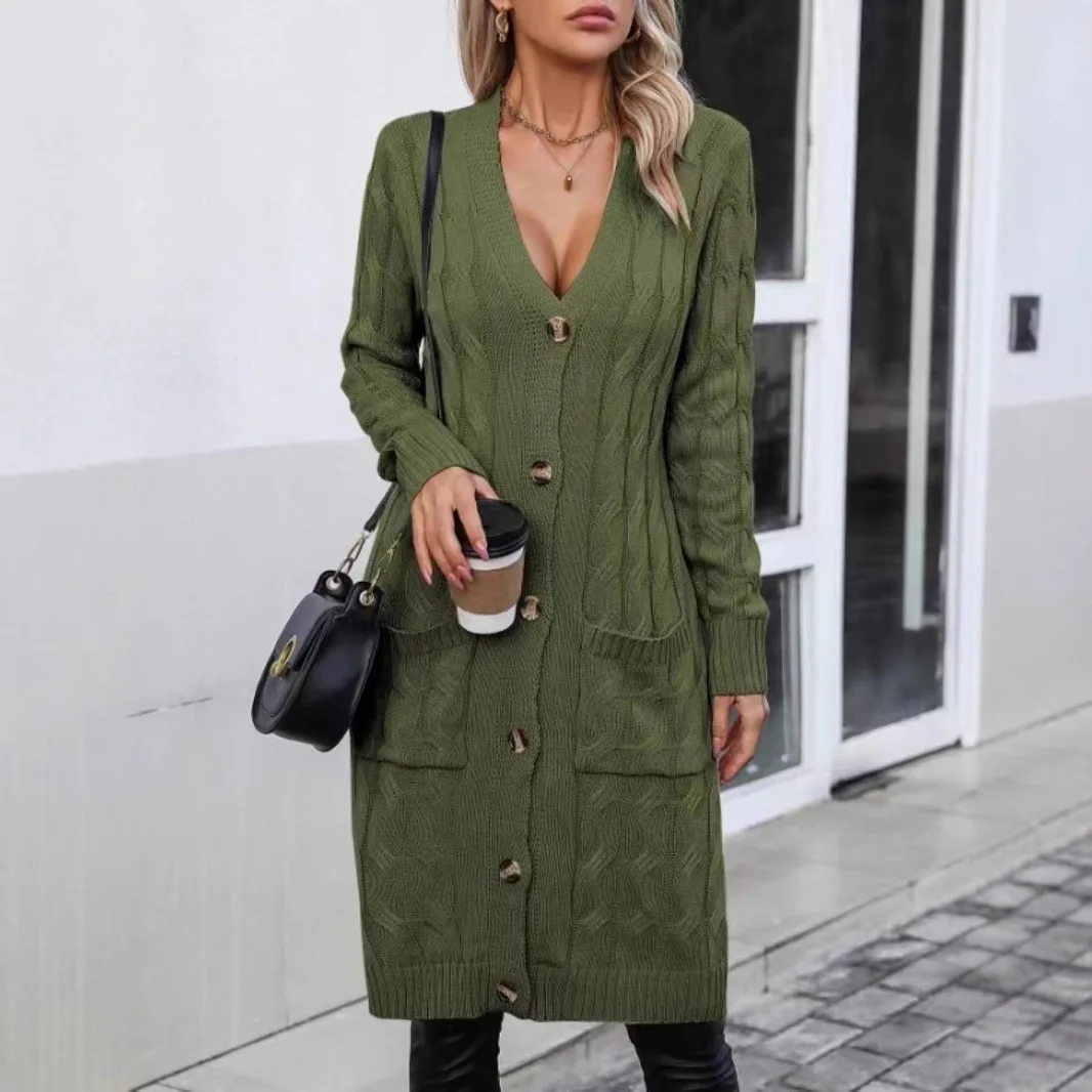 2025 Women's Long Sweater Button Cardigan Pocket V Neck Long Sleeve Fashion Twist Thread Simple Top Winter Coat