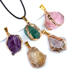 Natural Irregular Raw Stone Wire Wrapped Gilding Pendant Rose Quartz Amethyst Rough Healing Crystals DIY Jewelry Charms Necklace