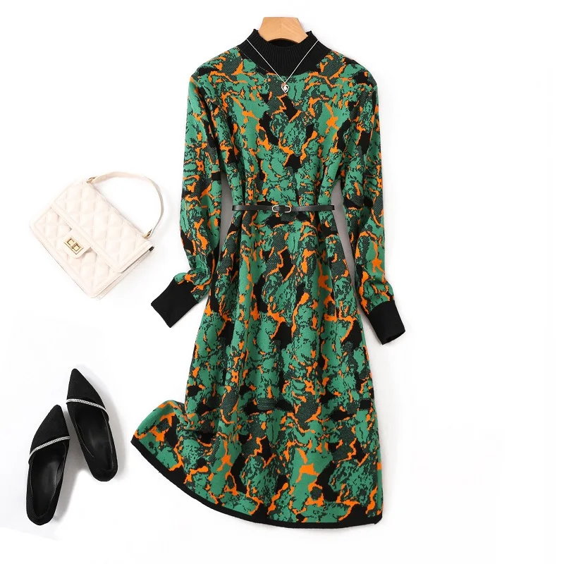 

Женское трикотажное платье в стиле ретро, повседневное свободное трикотажное платье контрастных цветов с длинным рукавом для отдыха, Осень-зима 2023