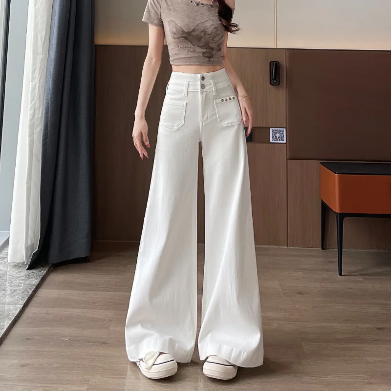 

Белые женские джинсы из лиоцелла с высокой талией, широкими штанинами, летние, повседневные, облегающие, в пол, 2026