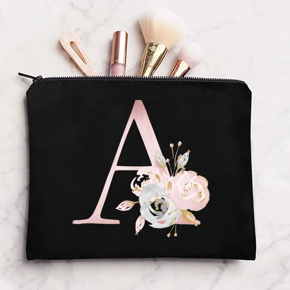 Make Up Bag Portable Travel Cosmetic Wash Bag Zipper Pouches Toiletries Organizer Pencil Bag Pouch Pink Flower Initials Print