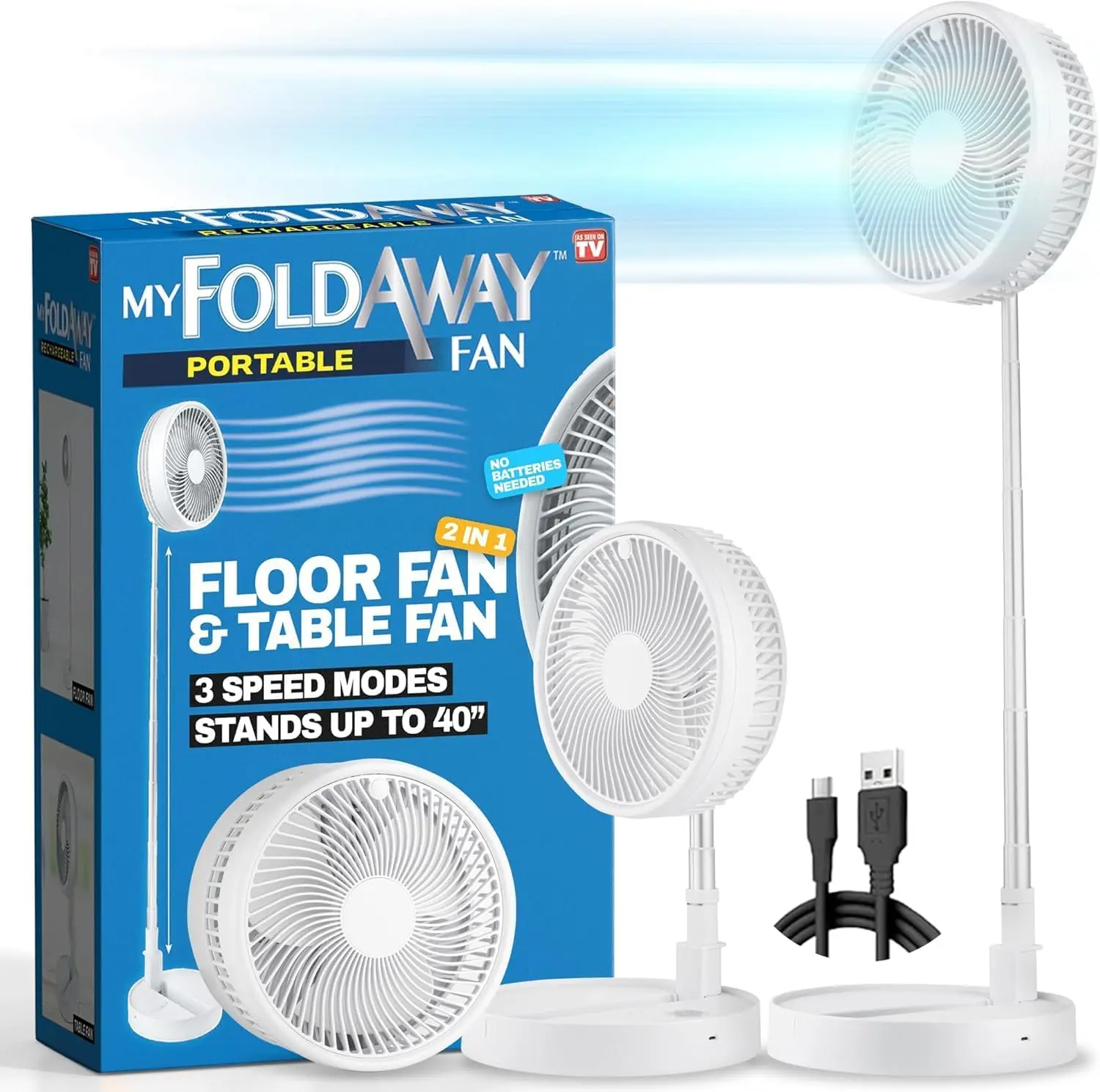 

Portable USB Rechargeable Folding Fan, Adjustable 4-40" Stand, 3 Speeds Quiet for Travel Desk Camping