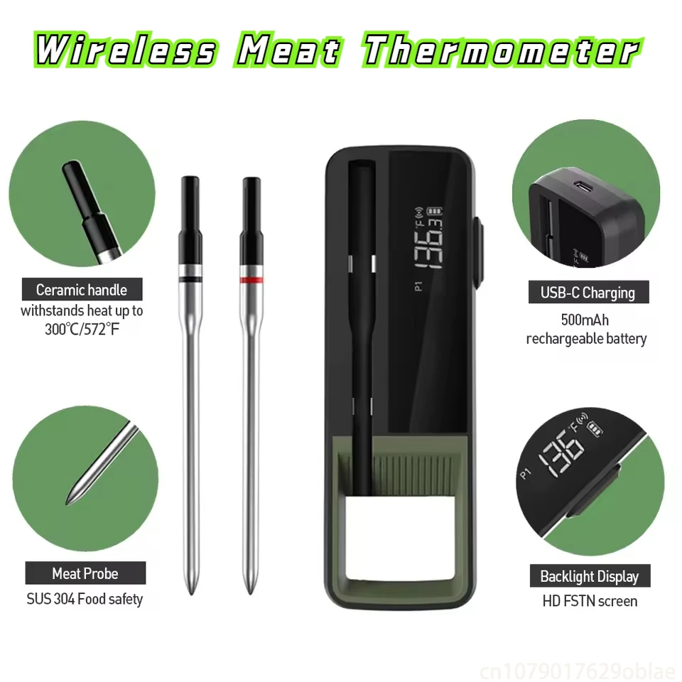 Wireless Meat Thermometer Waterproof Probe Bluetooth Digital Kitchen Thermometer with Temperature Display Screen & APP