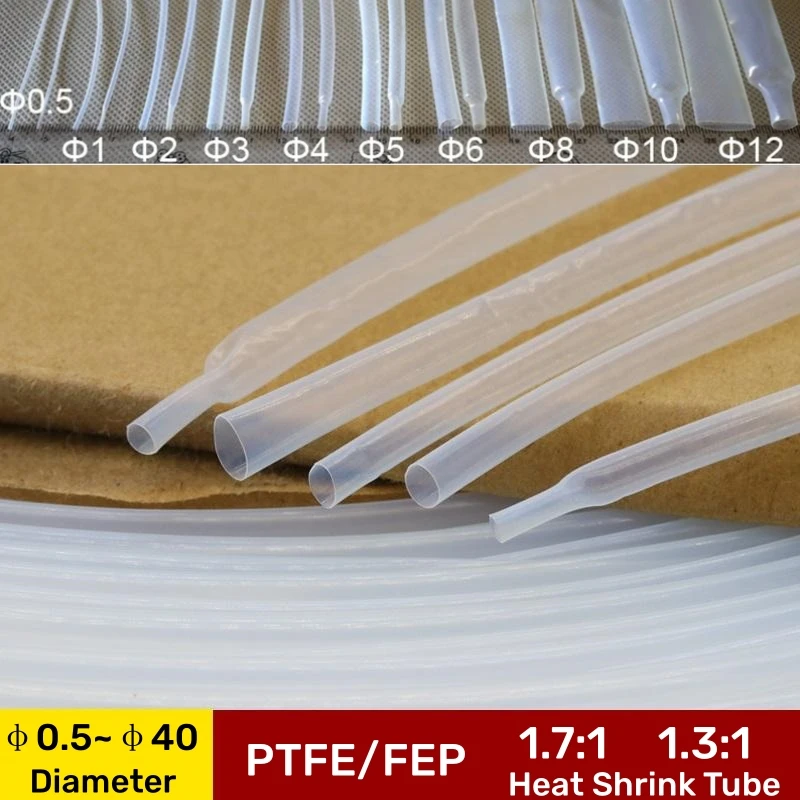 1.7:1/1.3:1 PTFE FEP Heat Shrink Tube Dia 0.5~40mm Transparent High Temperature Oil Resistance Tubing Cable Wire Heatshrink Tube