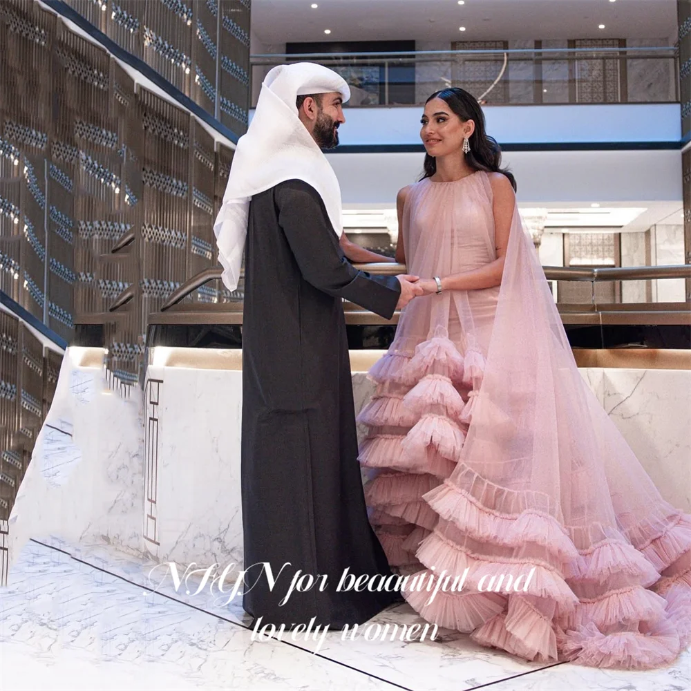 Nfyn rosa a linha vestido de baile em torno do pescoço vestido de festa à noite com tule em camadas e capa vestidos de princesa de gala para mulher personalizado