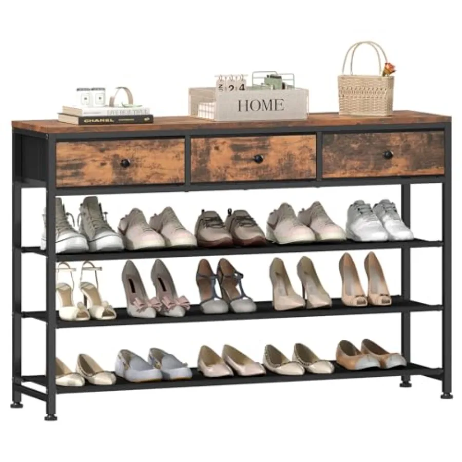 

4 Tier Shoe Rack with 3 Drawers 3 Oxford Fabric Shelves Holds 15-18 Pairs Metal Shoe Storage with Wood Top Shoe Organizer for E